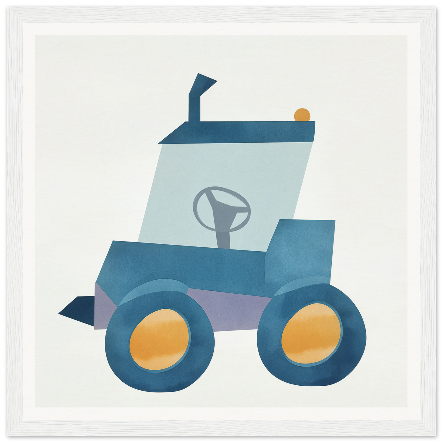 Cute blue tractor with yellow wheels, perfect for nursery wall art or decor