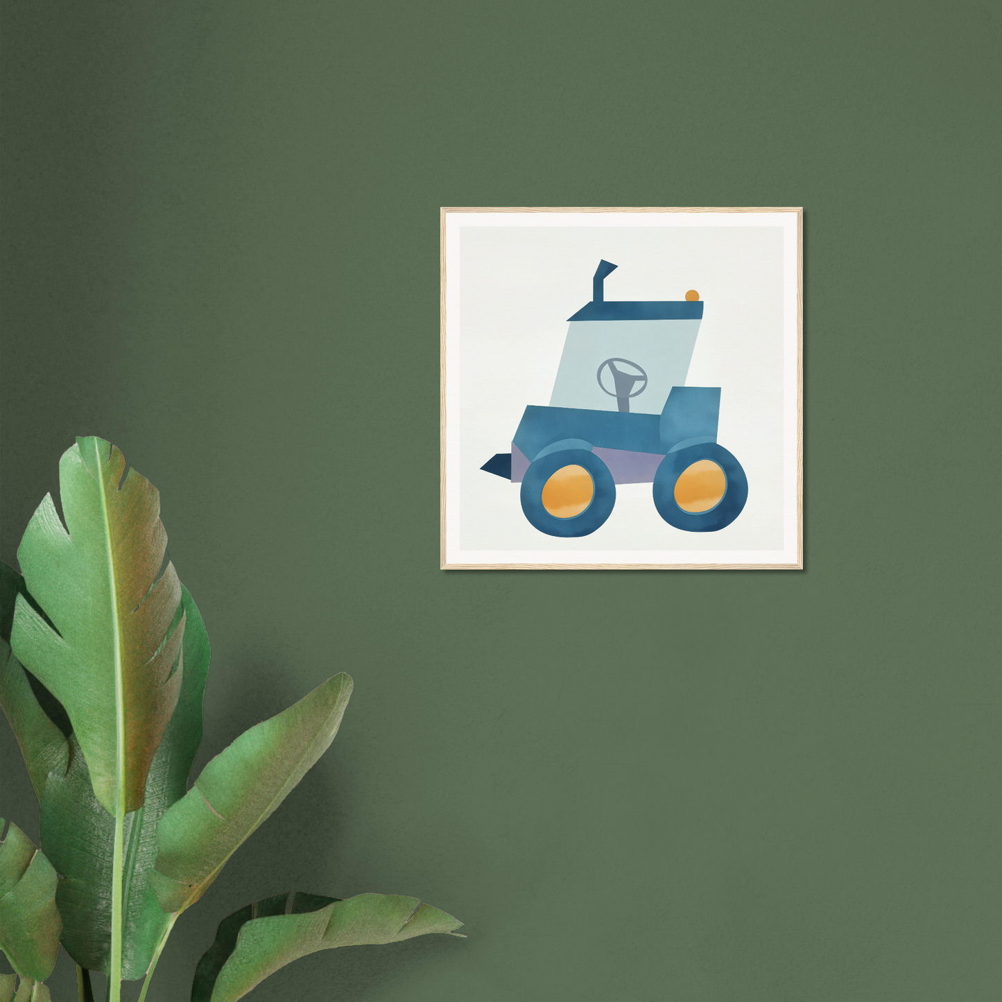 Cute blue tractor with yellow wheels, perfect for nursery wall art or decor