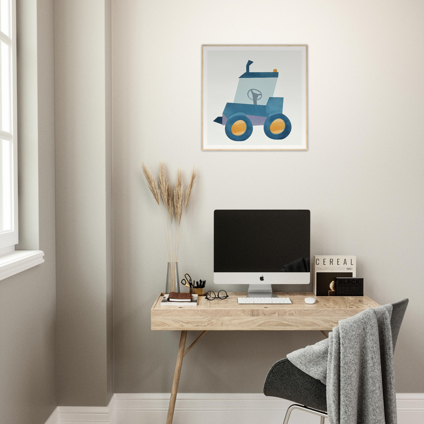 Simple wooden desk with angled legs showcasing an iMac, perfect for nursery decor