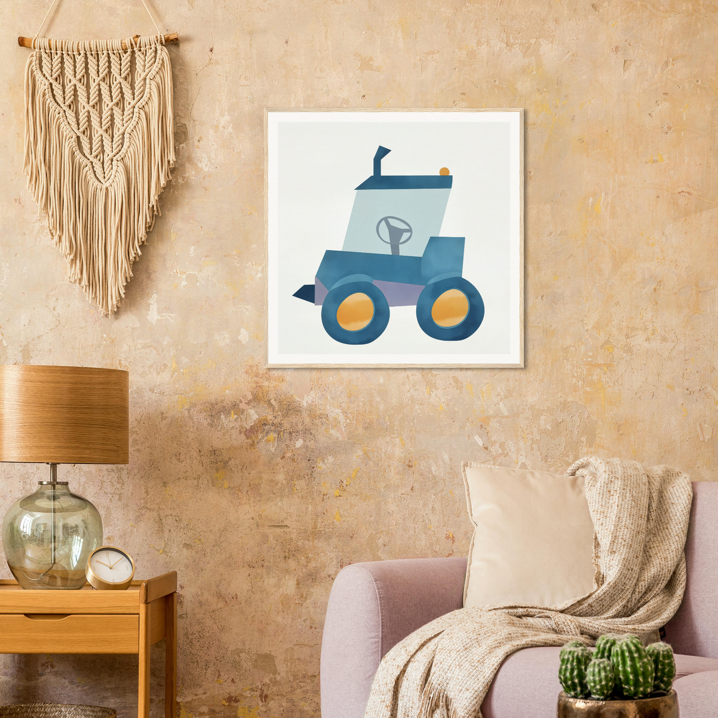 Simple blue tractor illustration for nursery wall art in product224 framed poster