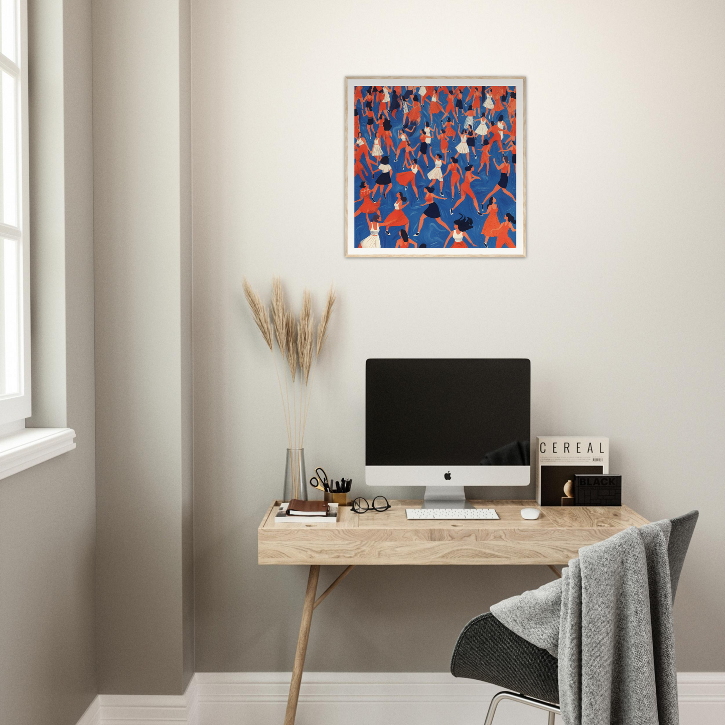 Minimalist wooden desk with iMac and stylish nursery wall art above in product226