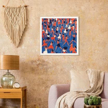 Framed poster of vibrant red and blue dancing figures for nursery wall art decor