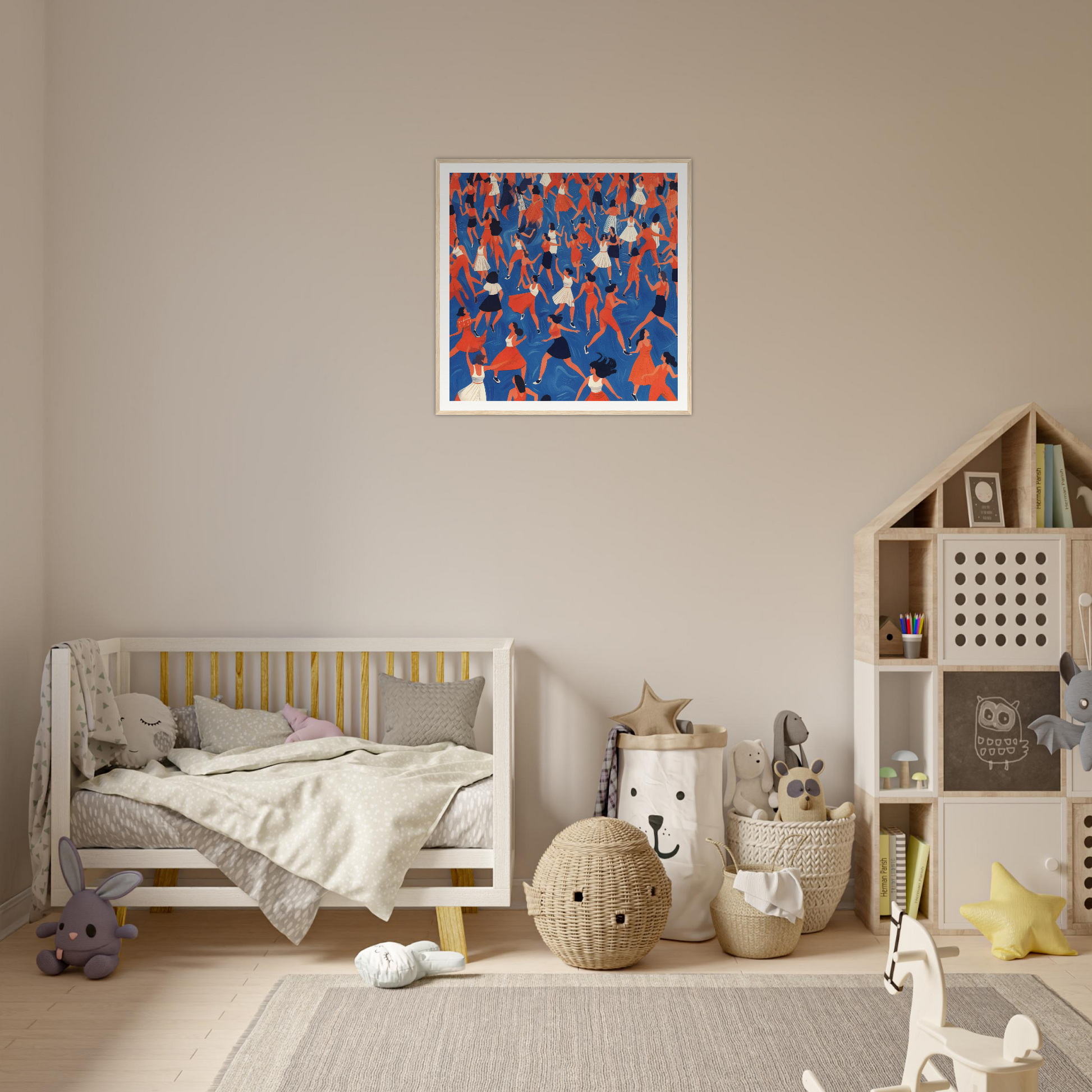 Cozy nursery room featuring wooden crib, nursery wall art, and woven baskets