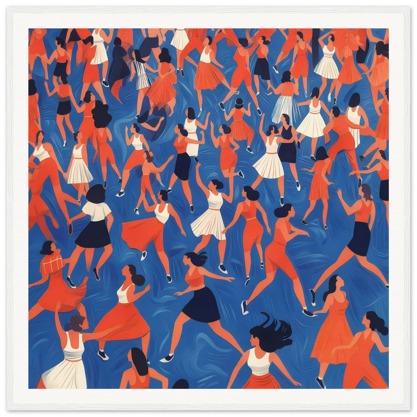 Energetic crowd of dancers in red, white, and blue for nursery wall art or decor