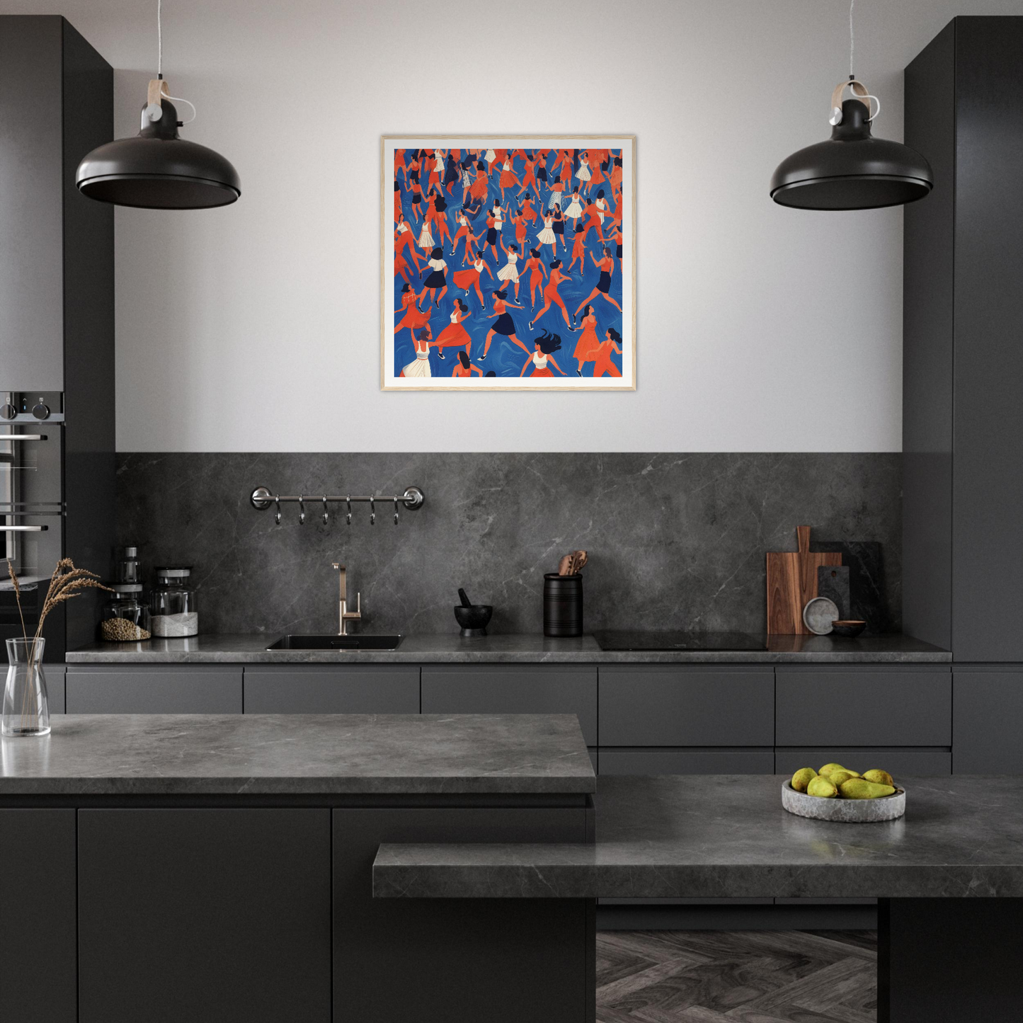 Modern dark kitchen with black cabinets and vibrant blue and orange nursery wall art