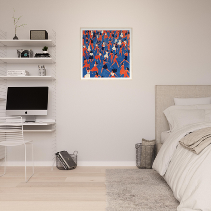 Minimalist bedroom with nursery wall art, floating shelves, and modern blue-red decor