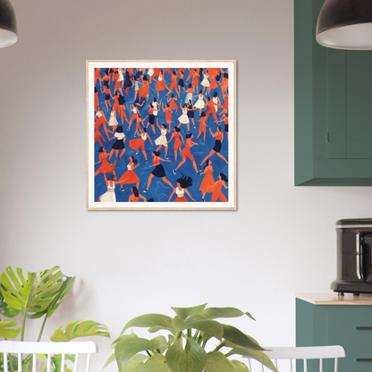 Framed poster of abstract dancing figures in blue, red, and white for nursery decor