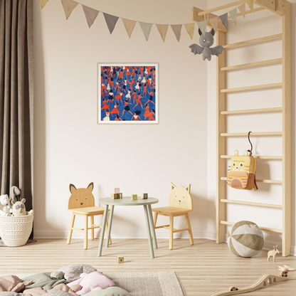 Children’s play area featuring wooden animal chairs and mint green table for nursery decor