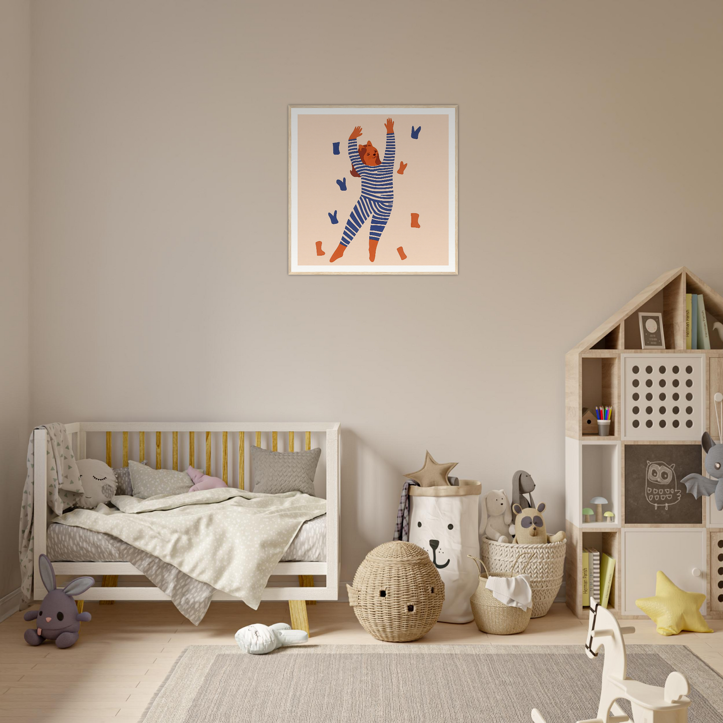 Cozy nursery with a wooden crib featuring cute nursery wall art and storage baskets