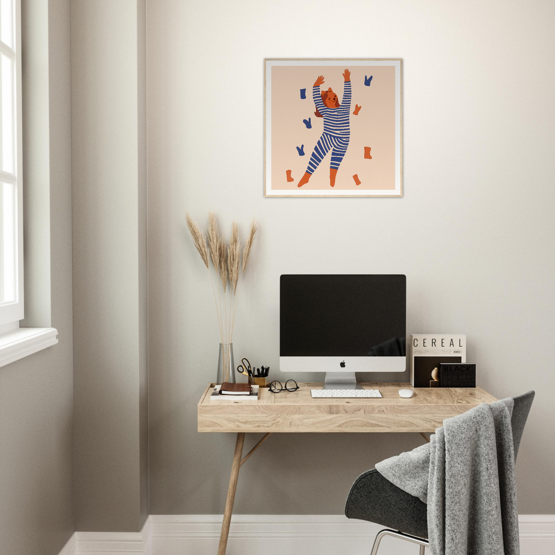 Minimalist wooden desk with iMac and nursery wall art for stylish nursery decor