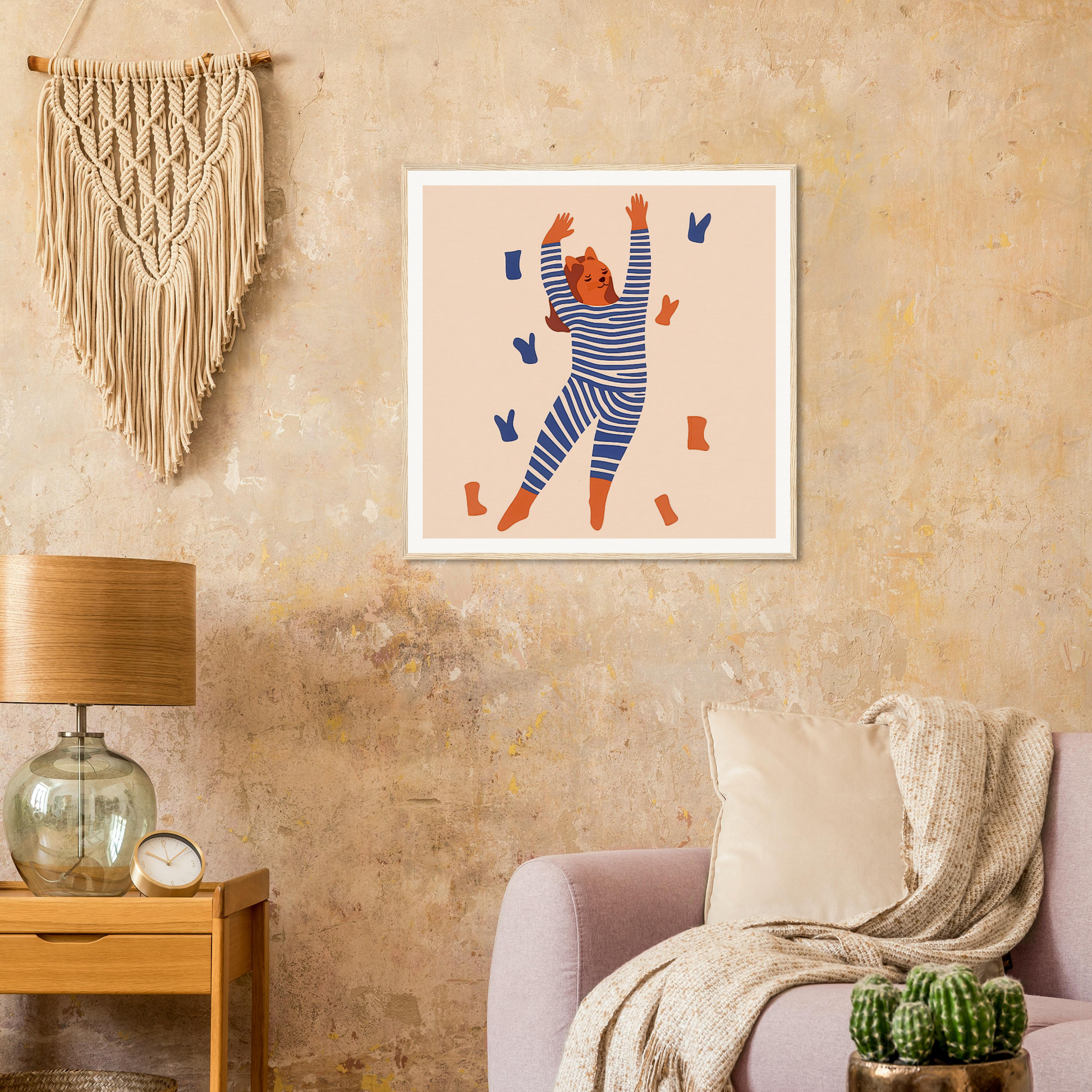 Framed poster of striped figure with blue and orange shapes for nursery wall art