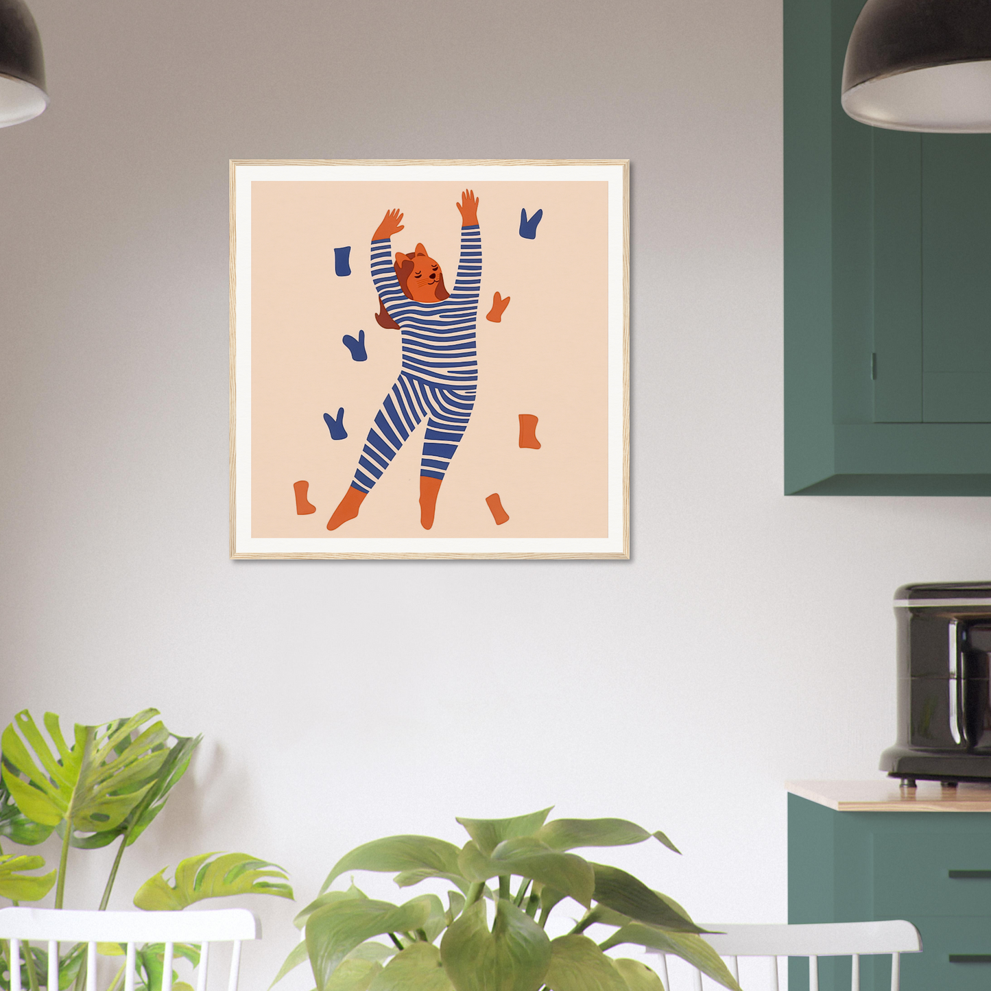 Framed poster of joyful figure in stripes with butterflies, perfect nursery wall art