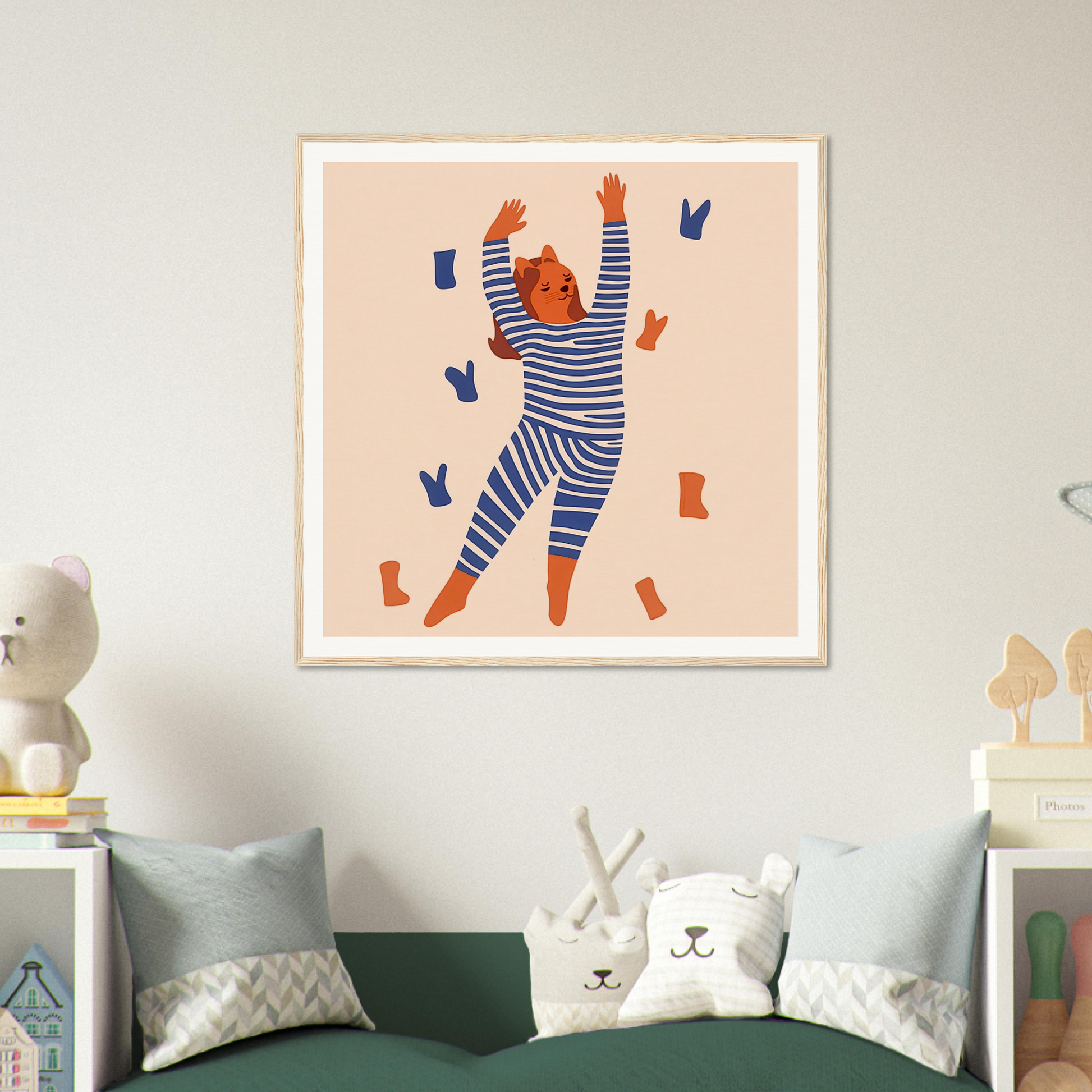 Framed illustration of joyful person in striped pajamas for fun nursery wall art