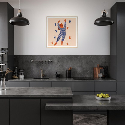 Modern dark kitchen featuring colorful geometric nursery wall art for stylish decor