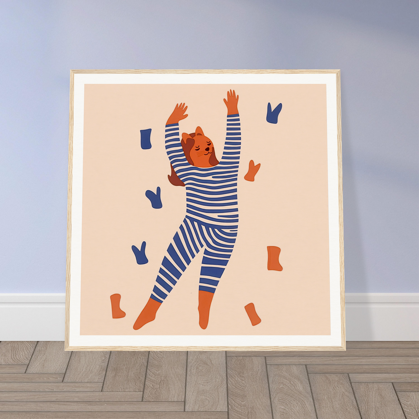 Joyful figure in blue striped pajamas for fun nursery wall art or nursery decor