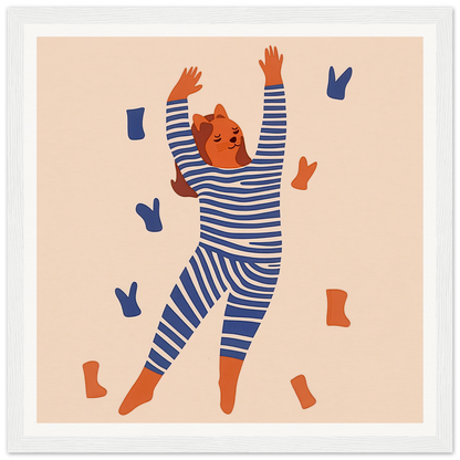 Bear in striped pajamas raising arms, perfect for nursery wall art and decor