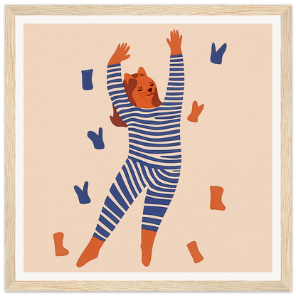 Bear in striped pajamas with arms up, perfect for nursery wall art or decor