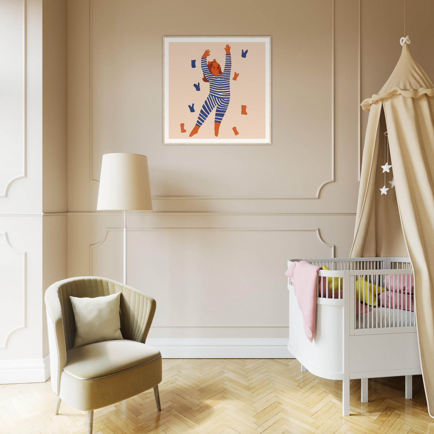 Modern nursery room featuring a white crib, beige canopy, and cute nursery wall art