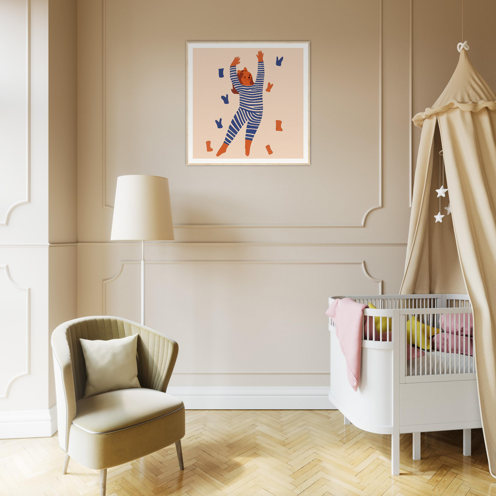 Modern nursery room featuring a white crib, beige canopy, and cute nursery wall art