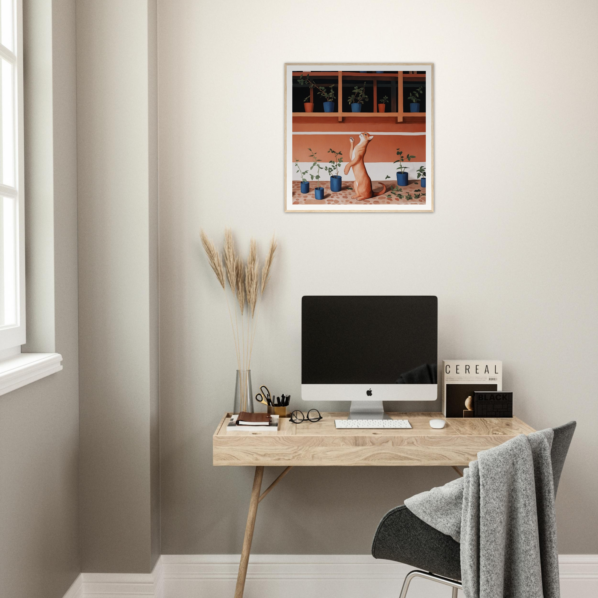 Minimalist wooden desk with iMac and pampas grass, perfect for nursery decor vibes