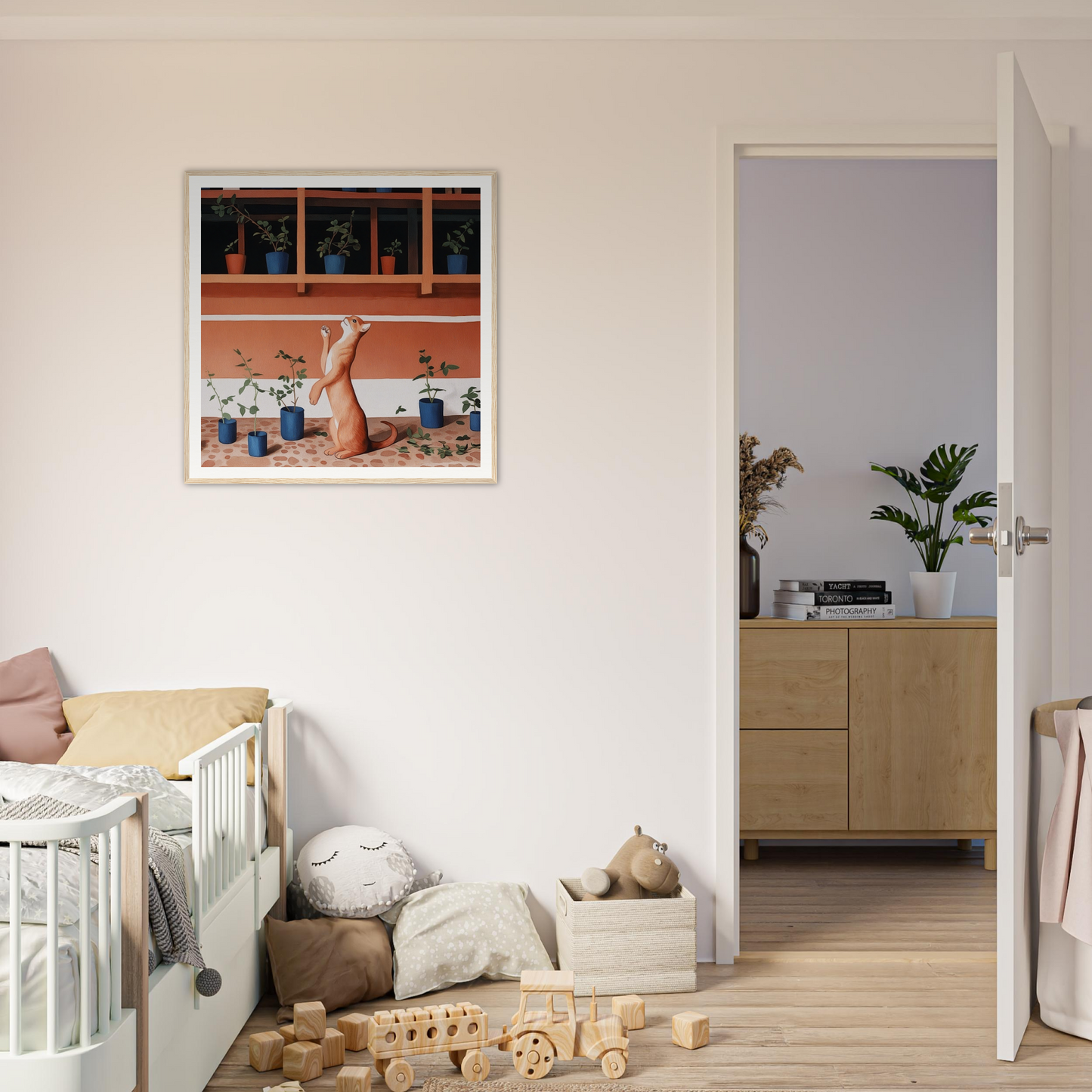 White wooden crib with curved railings perfect for nursery decor and framed poster display