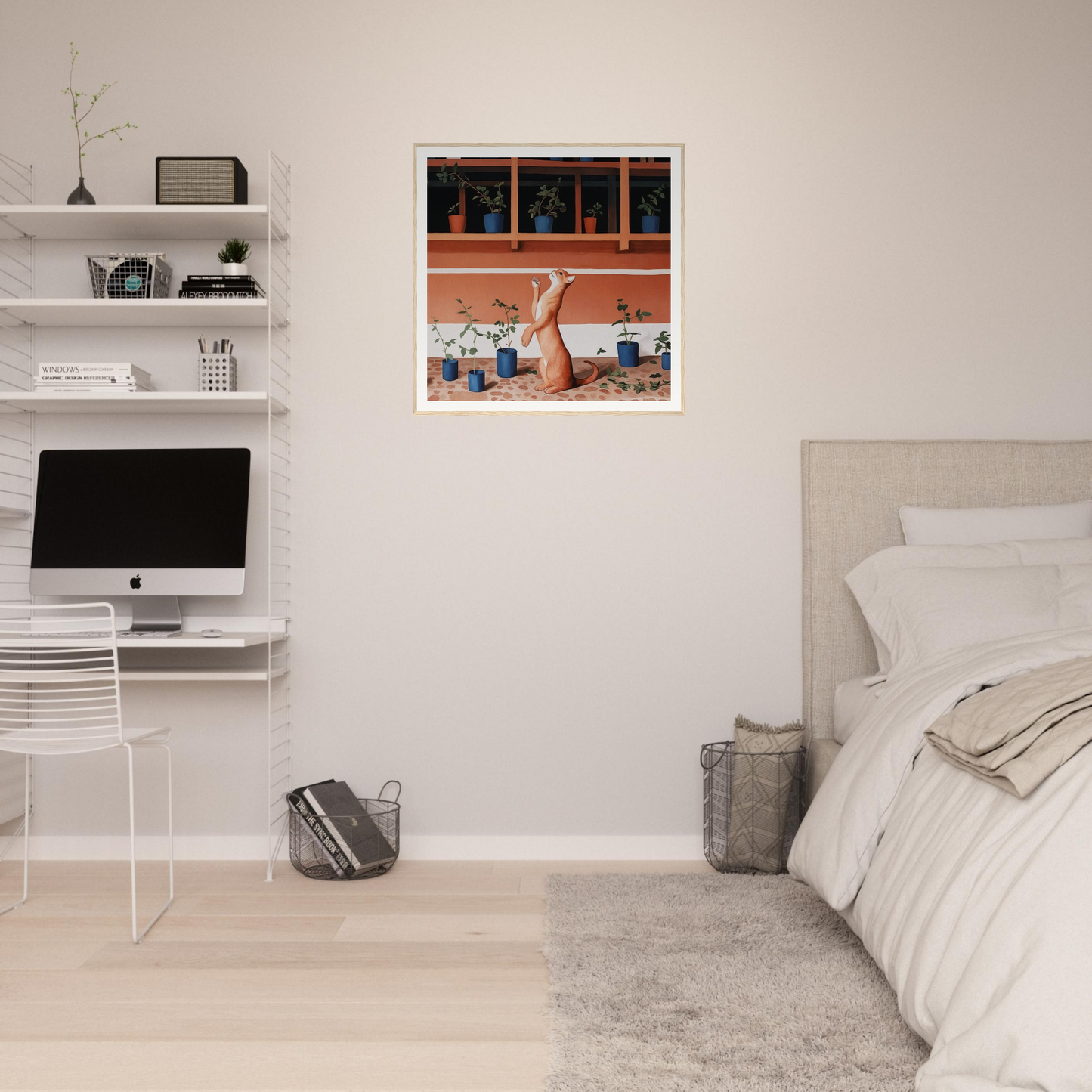 Minimalist bedroom featuring white shelves, iMac workstation, and nursery decor style