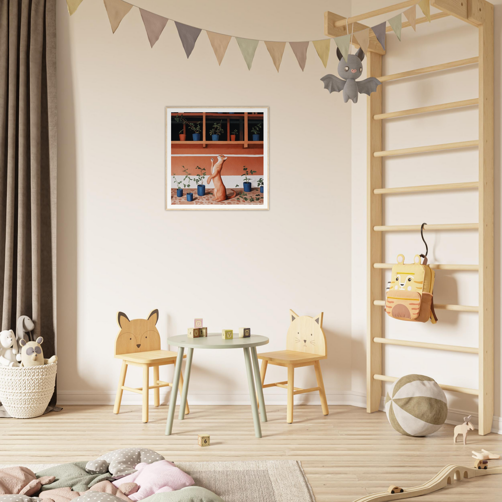 Children’s play area featuring animal-themed chairs and table perfect for nursery decor