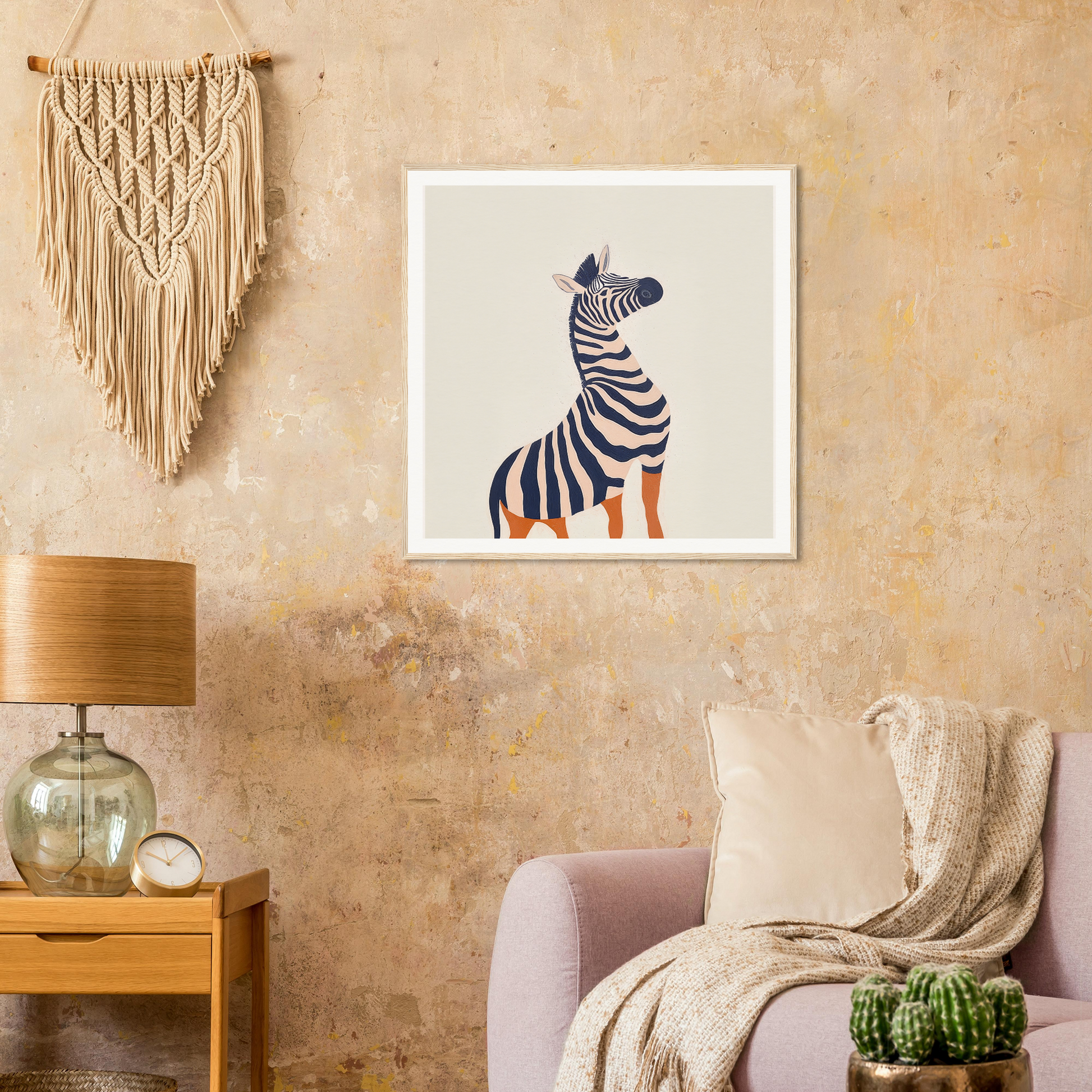 Framed poster of a zebra with orange feet for cute nursery wall art and decor