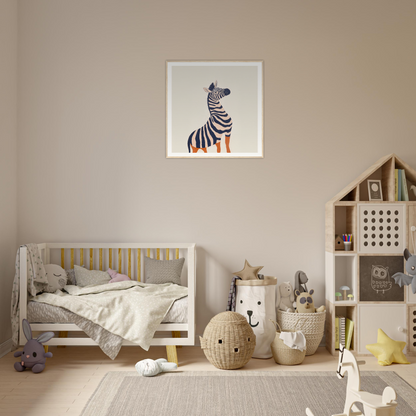 Cozy nursery decor featuring a zebra print framed poster as wall art in neutral tones