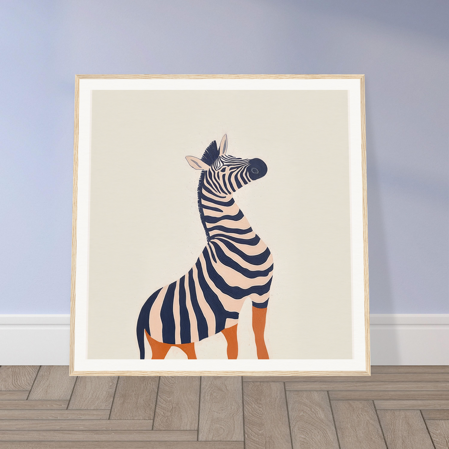 Whimsical zebra illustration with orange hooves, perfect for nursery wall art or decor