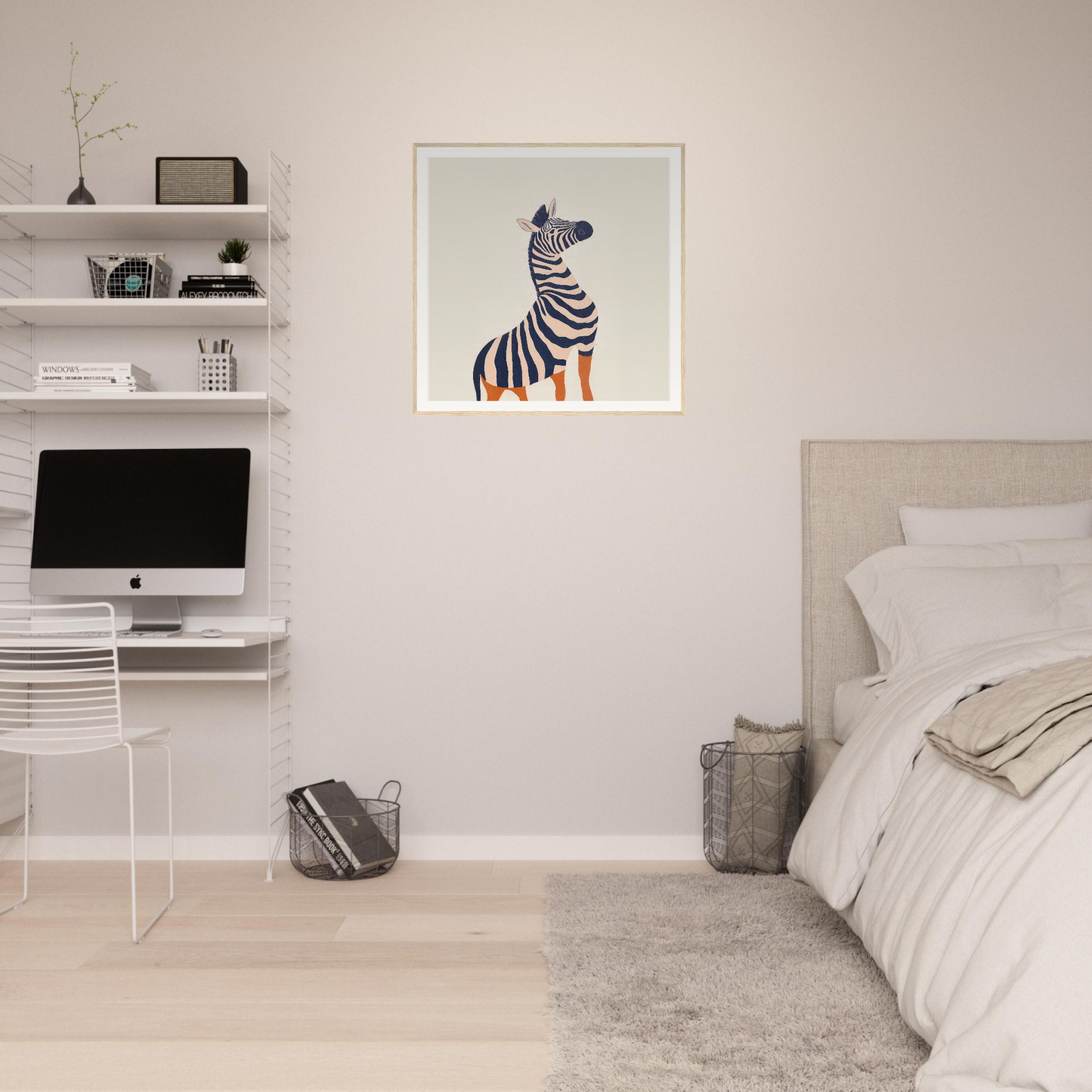 Modern minimalist bedroom featuring white shelves and zebra art print for nursery decor