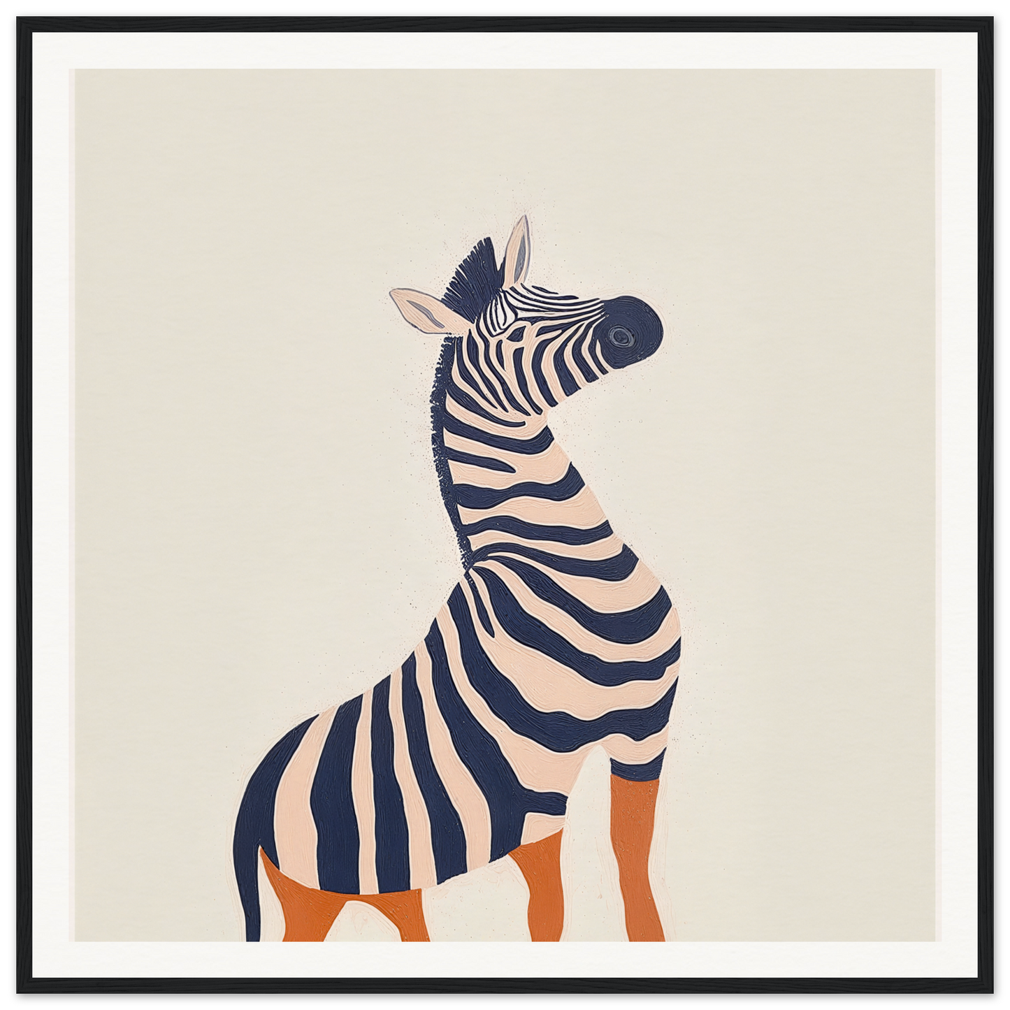 Stylized zebra with orange legs in minimalist nursery wall art for trendy decor