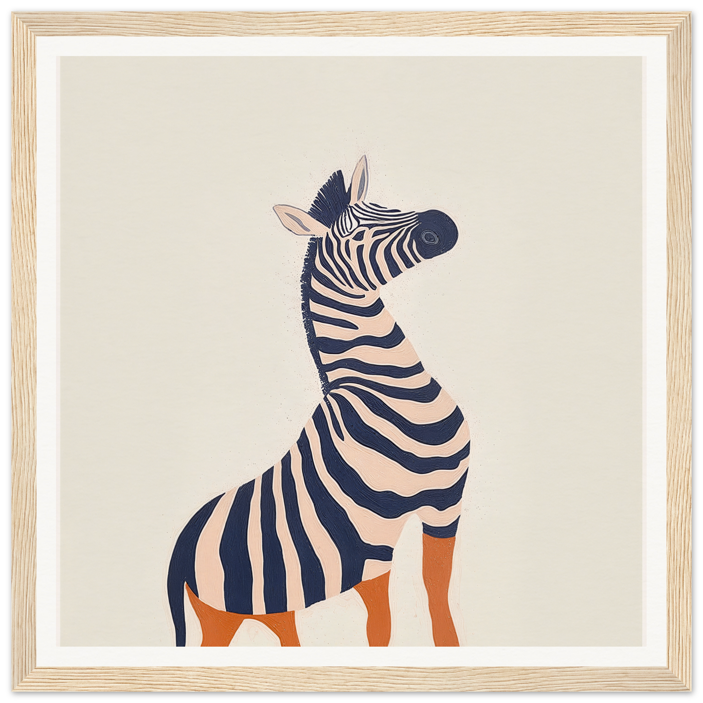 Stylized zebra with orange legs in minimalist nursery wall art for trendy decor