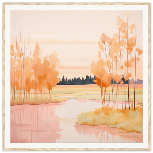 Watercolor landscape with autumn trees and lake, perfect for nursery wall art