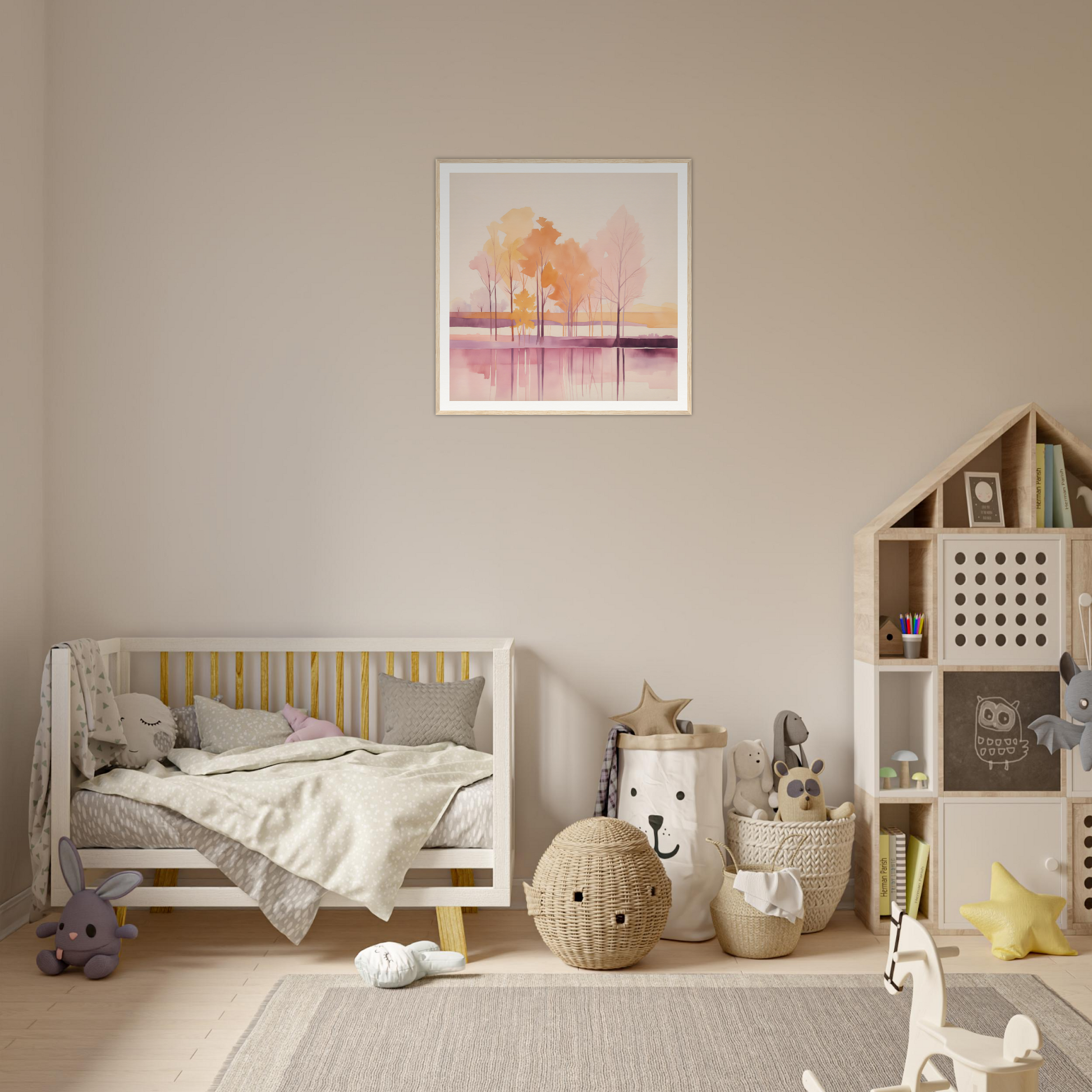 Wooden crib with gray bedding and yellow accents perfect for nursery decor in Product26