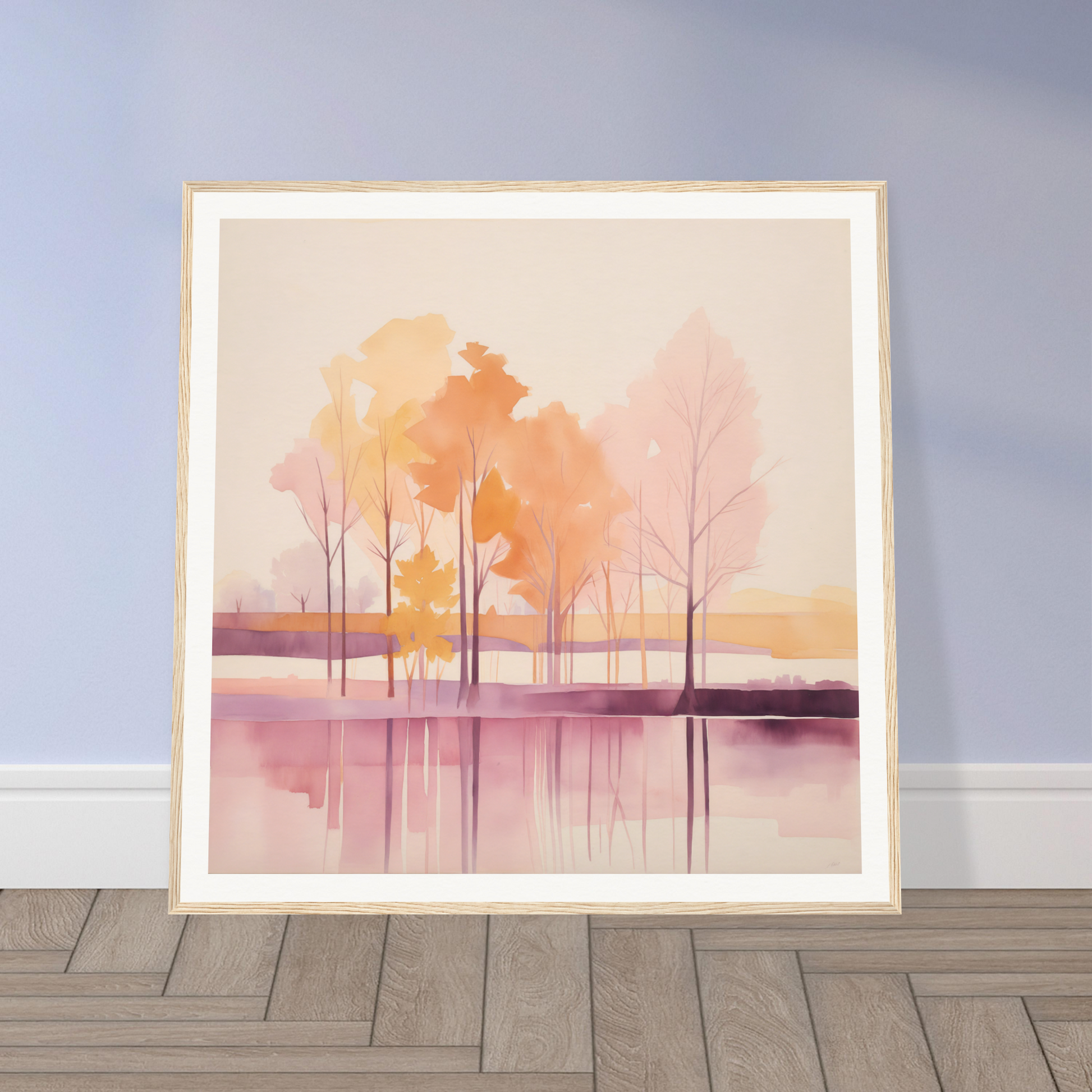 Framed watercolor painting of trees at sunset, perfect for nursery wall art or decor