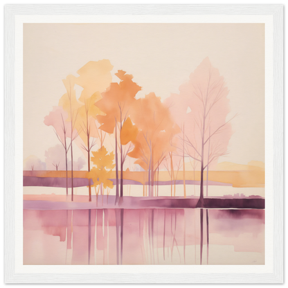 Watercolor painting of trees in lake at sunset, perfect for nursery wall art or decor