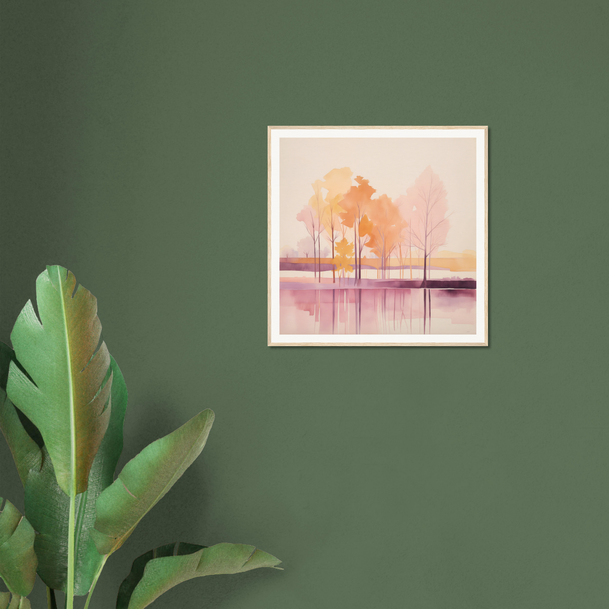 Framed watercolor trees reflecting in water ideal for nursery wall art or decor