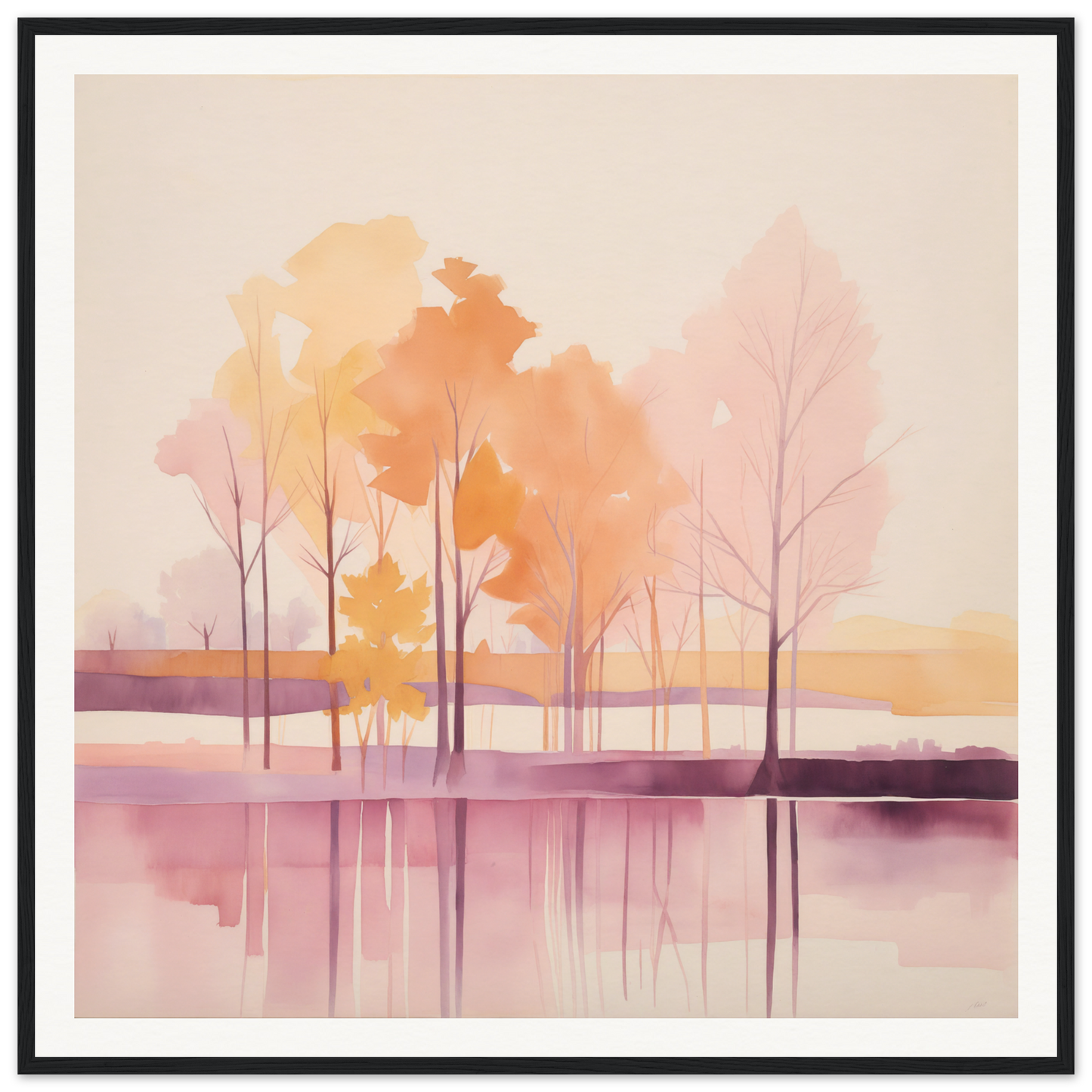 Watercolor painting of autumn trees reflecting in a lake, perfect for nursery wall art