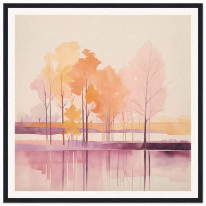 Watercolor painting of autumn trees reflecting in a lake for nursery wall art