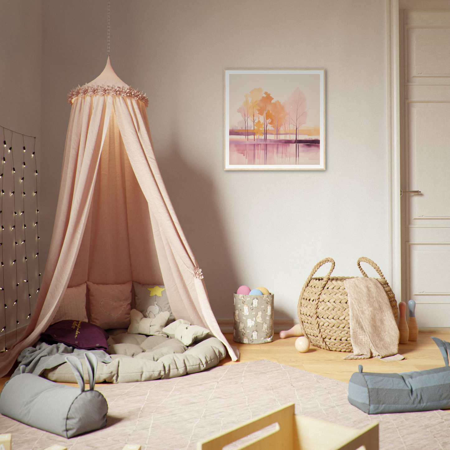 Pink fabric canopy tent with cushions, perfect for cozy nursery decor vibes