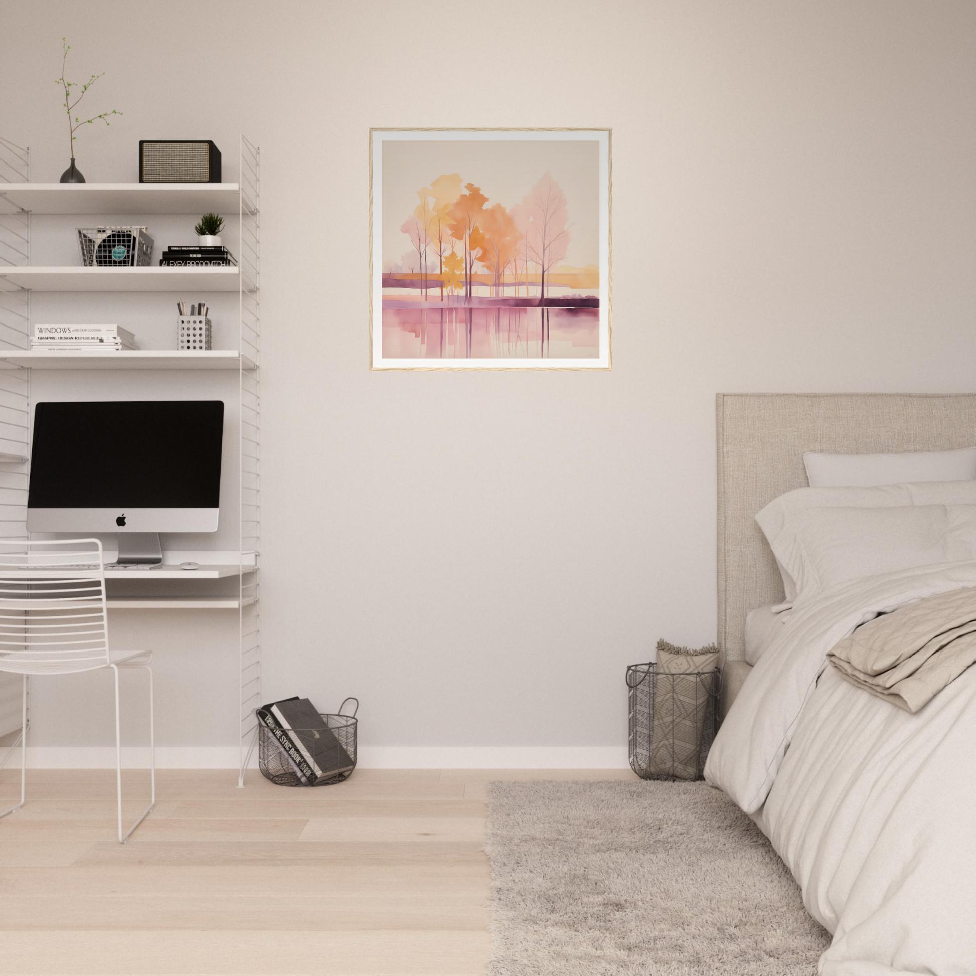 Minimalist bedroom featuring floating shelves, an iMac, and pink watercolor nursery wall art