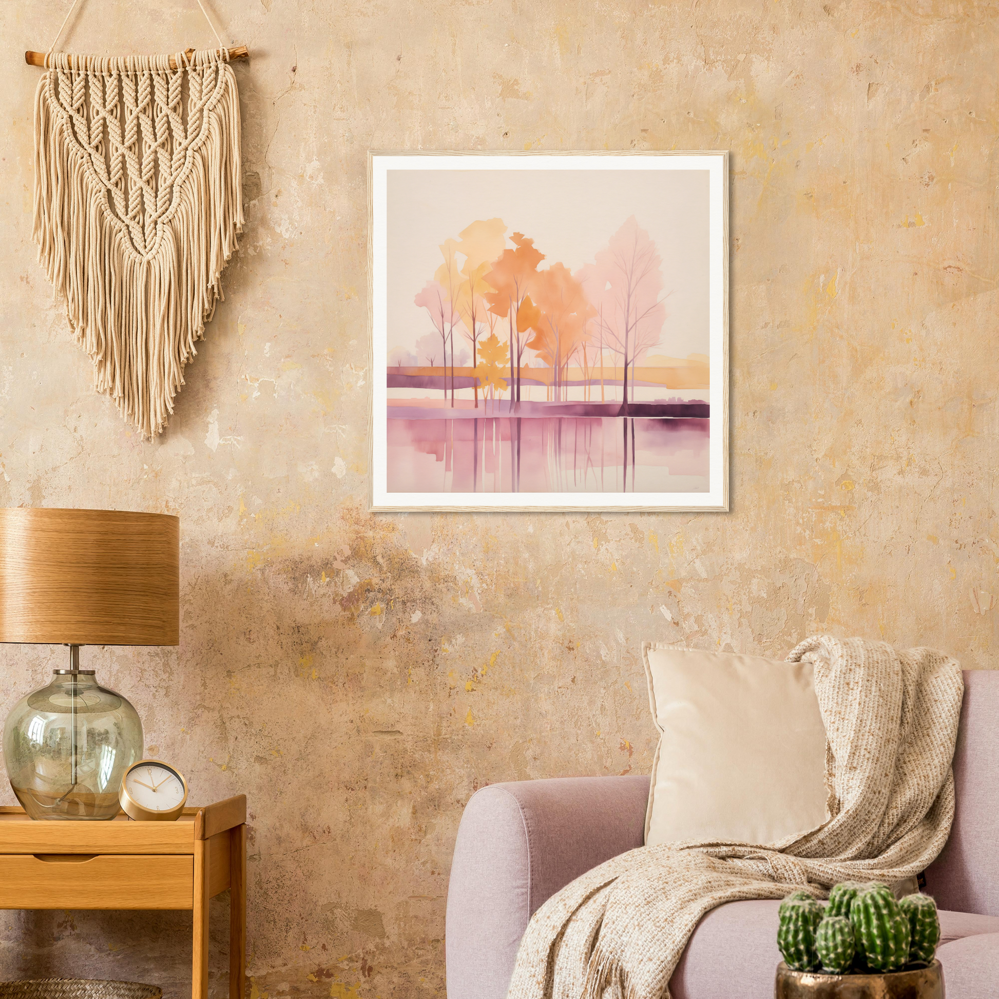 Framed watercolor painting of trees in pink and orange for colorful nursery wall art