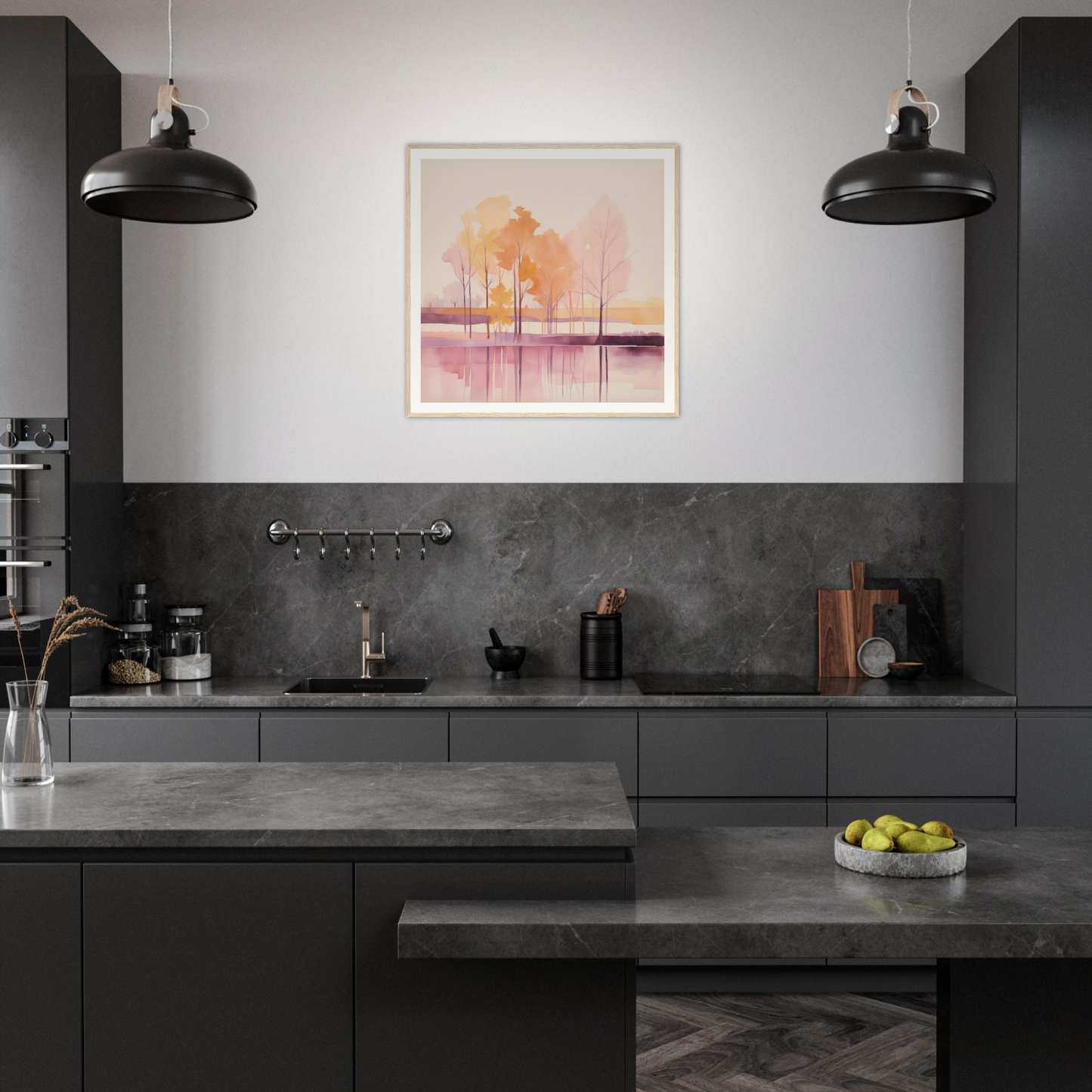 Modern gray kitchen featuring industrial lights and nursery wall art for stylish decor