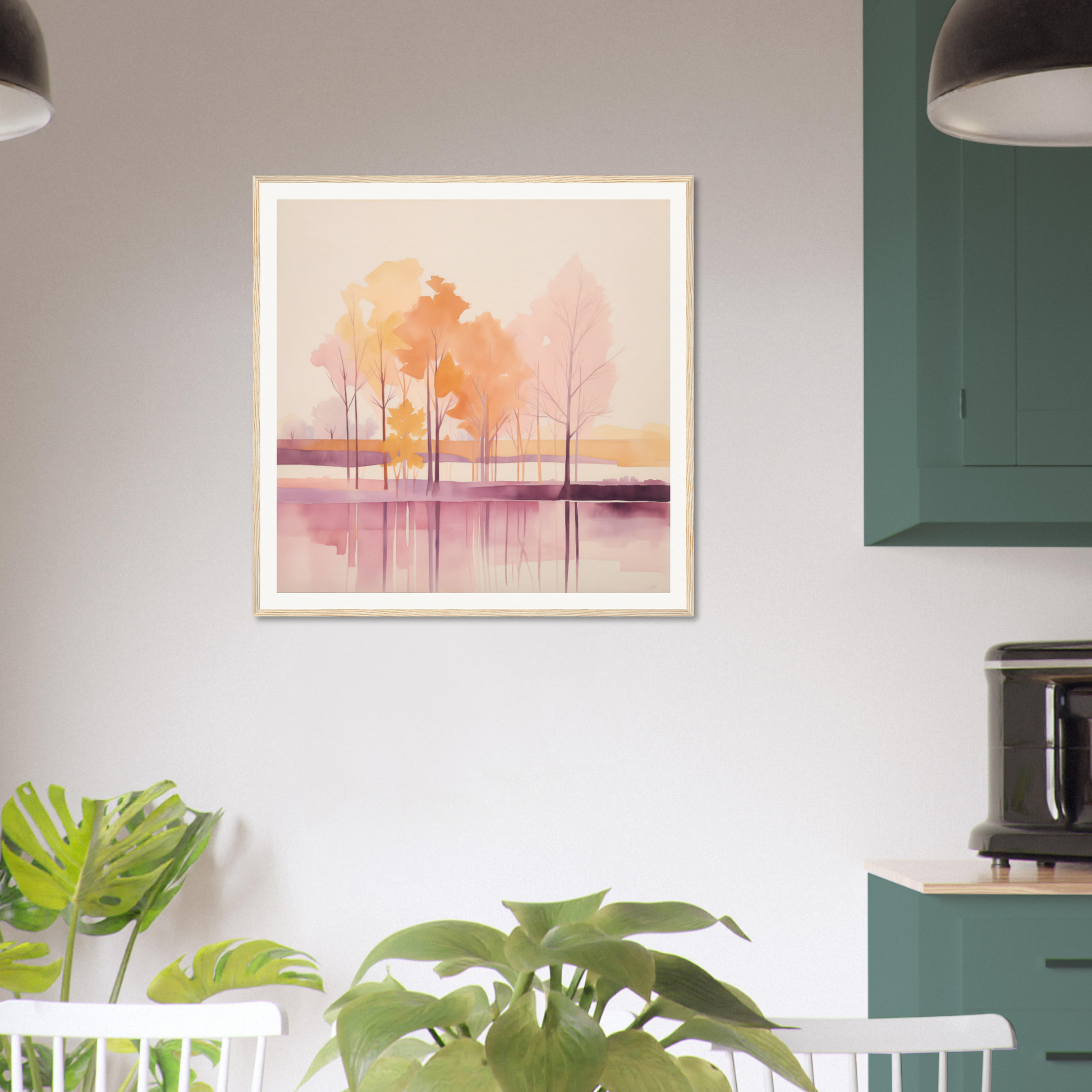 Framed watercolor painting of trees and sunset, perfect for nursery wall art decor