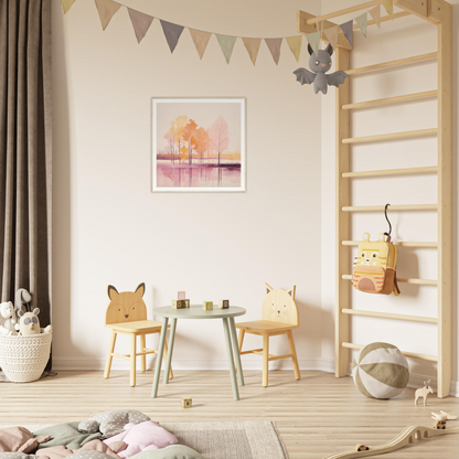 Fun children’s play area with animal chairs, perfect for nursery decor and framed posters