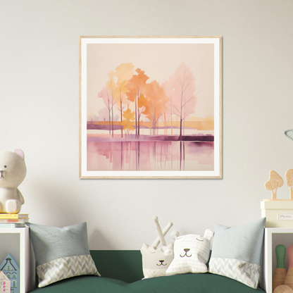 Framed watercolor painting of autumn trees for cozy nursery wall art and decor