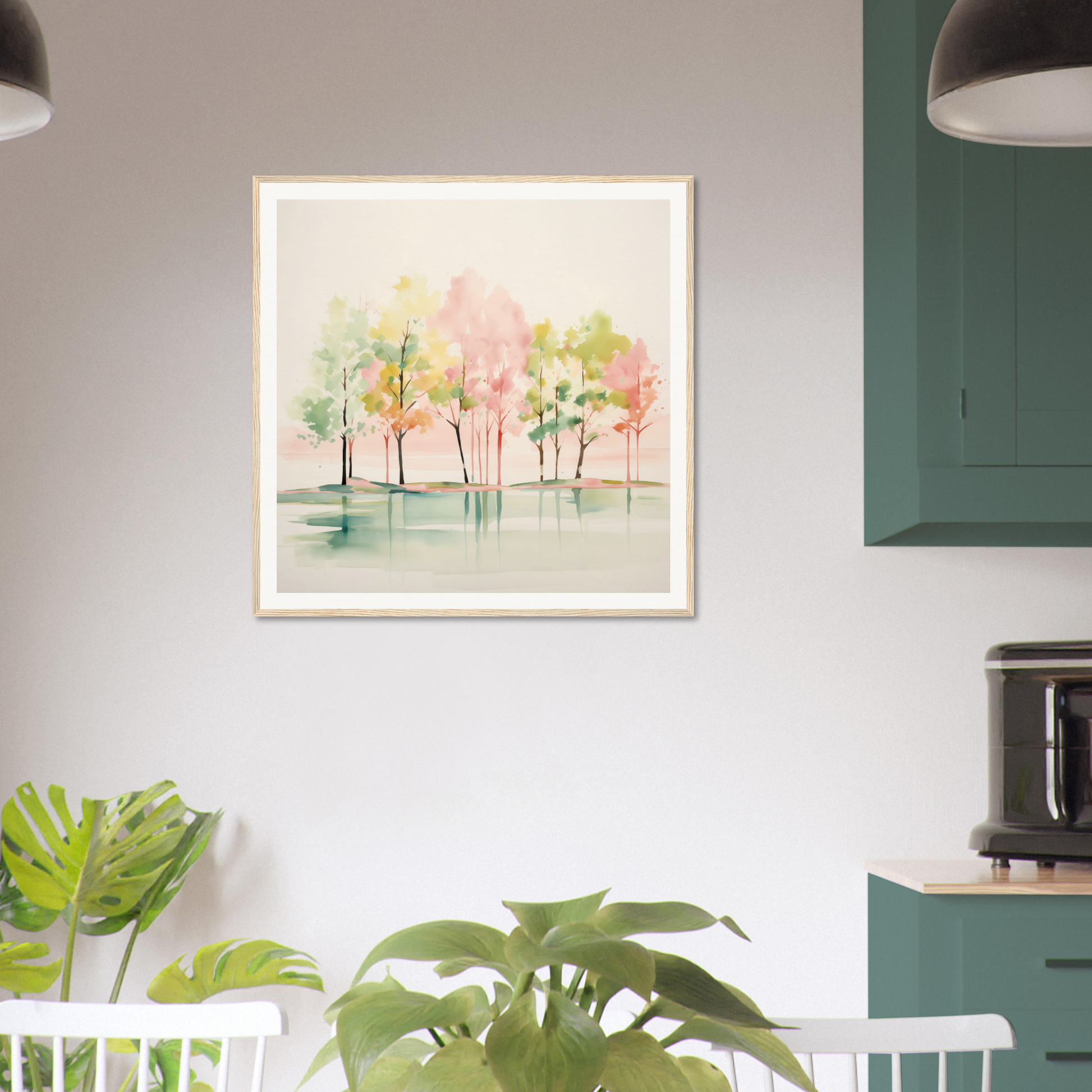 Framed watercolor painting of pastel trees, perfect for nursery wall art or decor