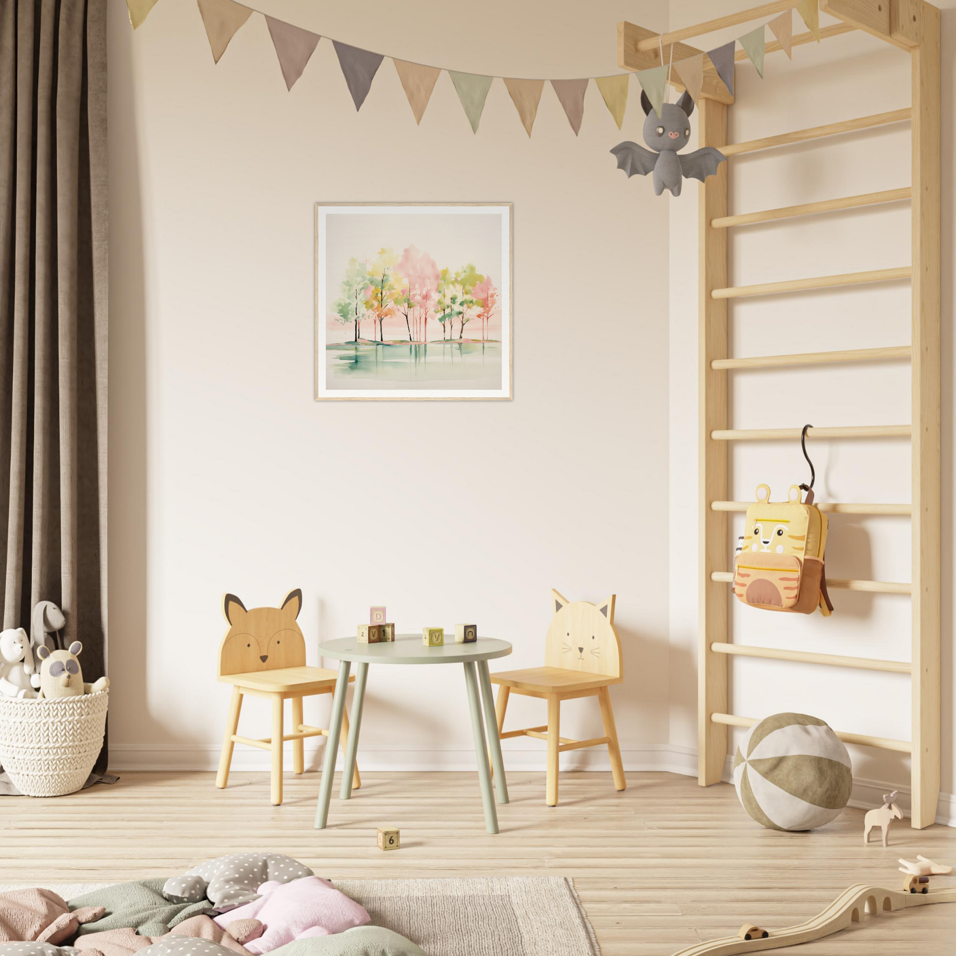 Fun children’s play area with animal chairs and mint green table for cute nursery decor