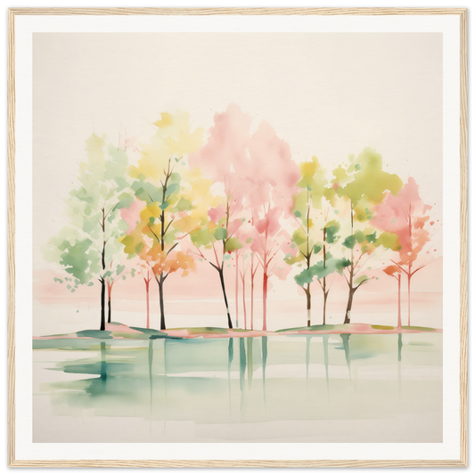 Watercolor painting of trees and still water perfect for nursery wall art or decor